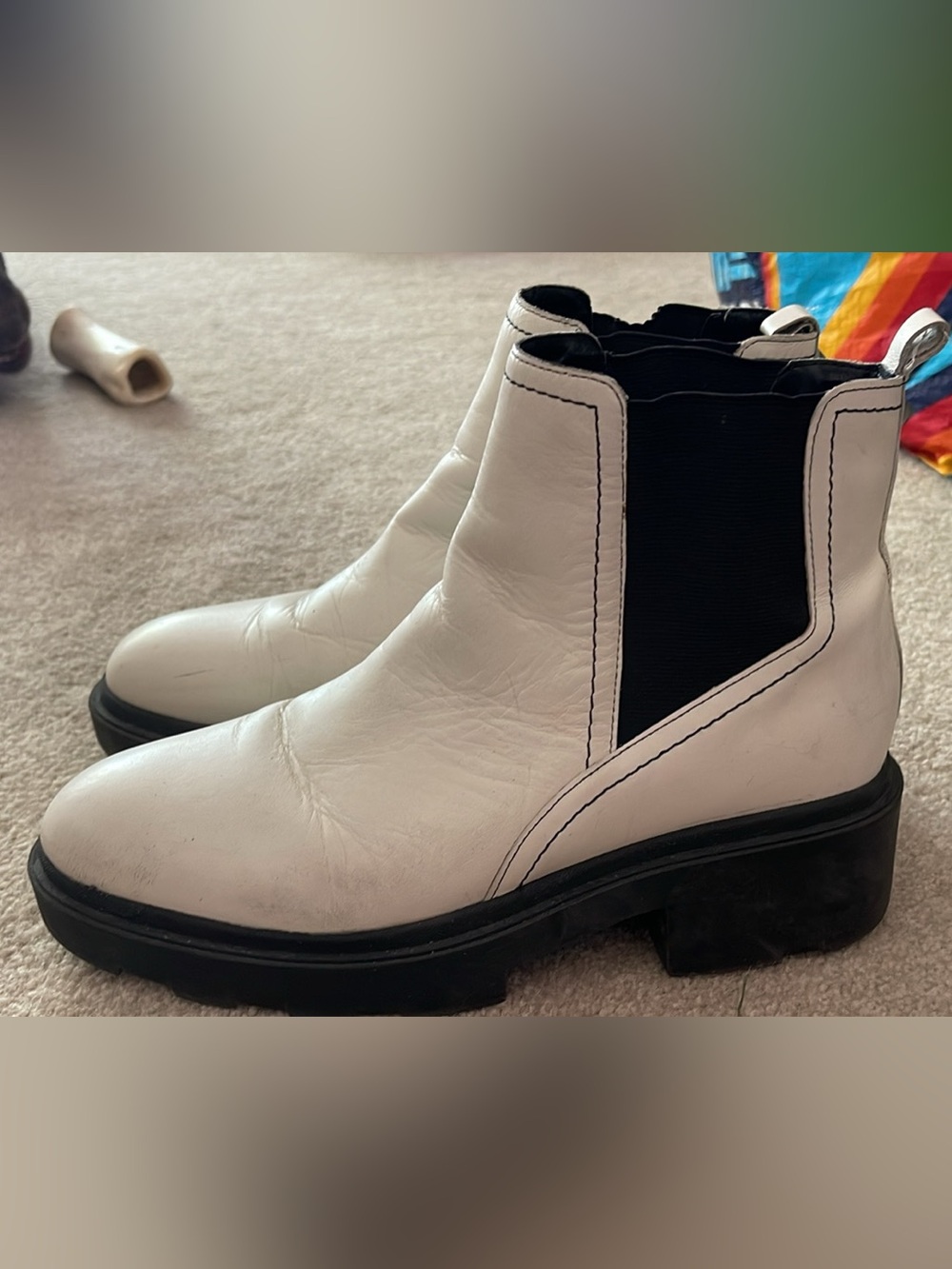 Marc Fisher White Leather Chelsea Booties with Black Elastic